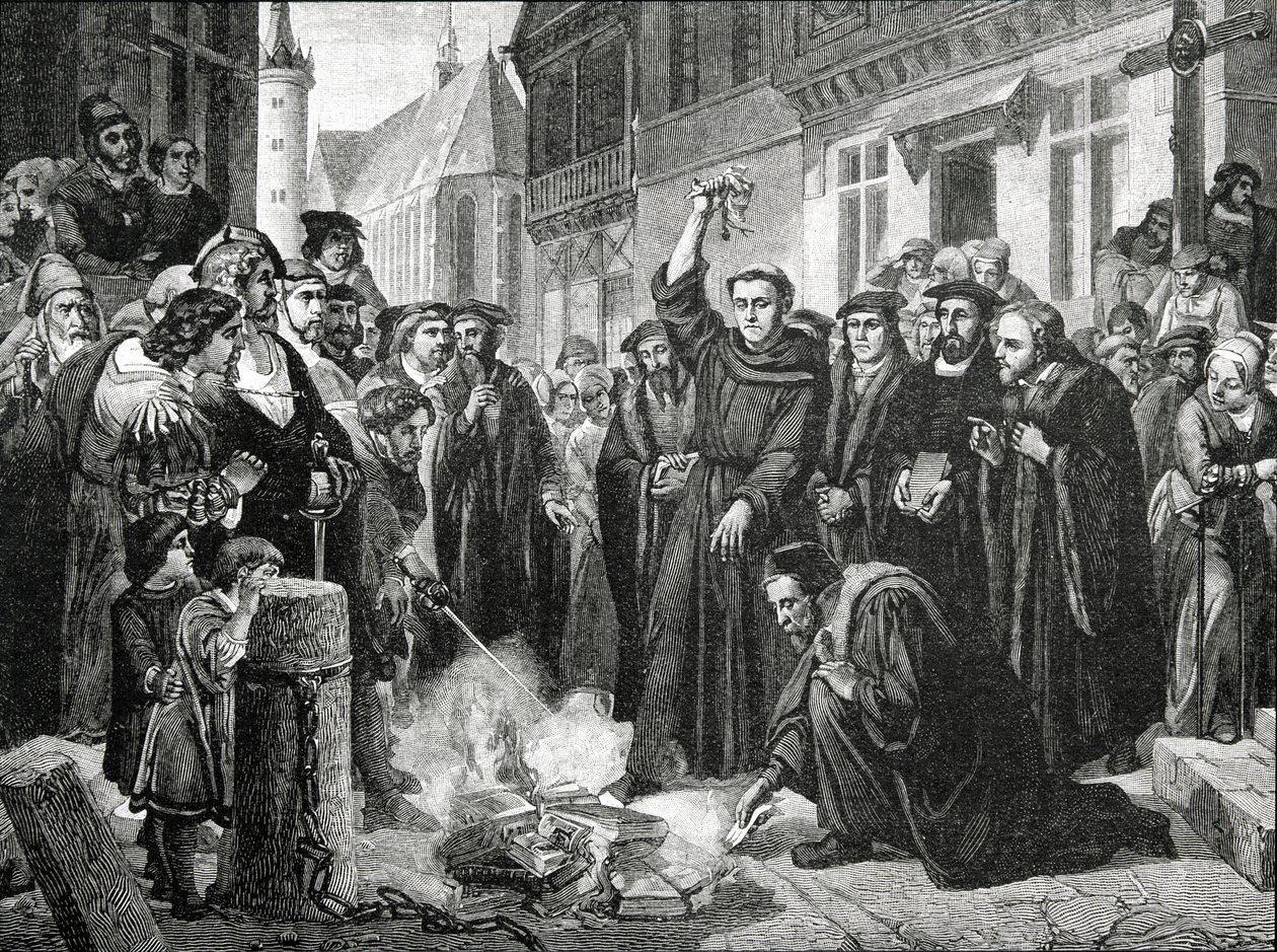 Maarten Luther (1483-1546) verbrandt publiekelijk de pauselijke bul in 1521 door English School
