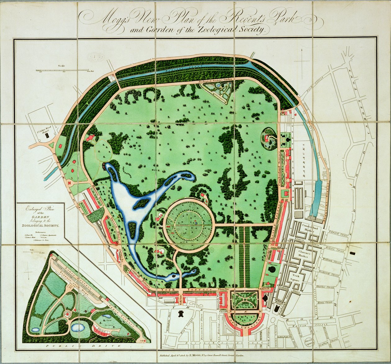 Moggs Nieuw Plan van het Regents Park en de Tuin van de Zoological Society, gepubliceerd door Edward Mogg, 1828 door English School