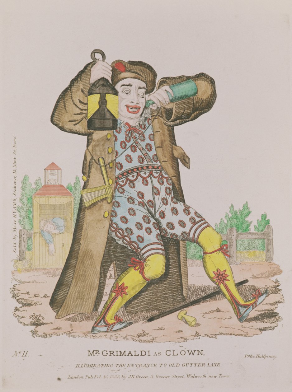 Mr Grimaldi als Clown, verlicht de ingang naar Old Gutter Lane, uitgegeven 1833 door English School