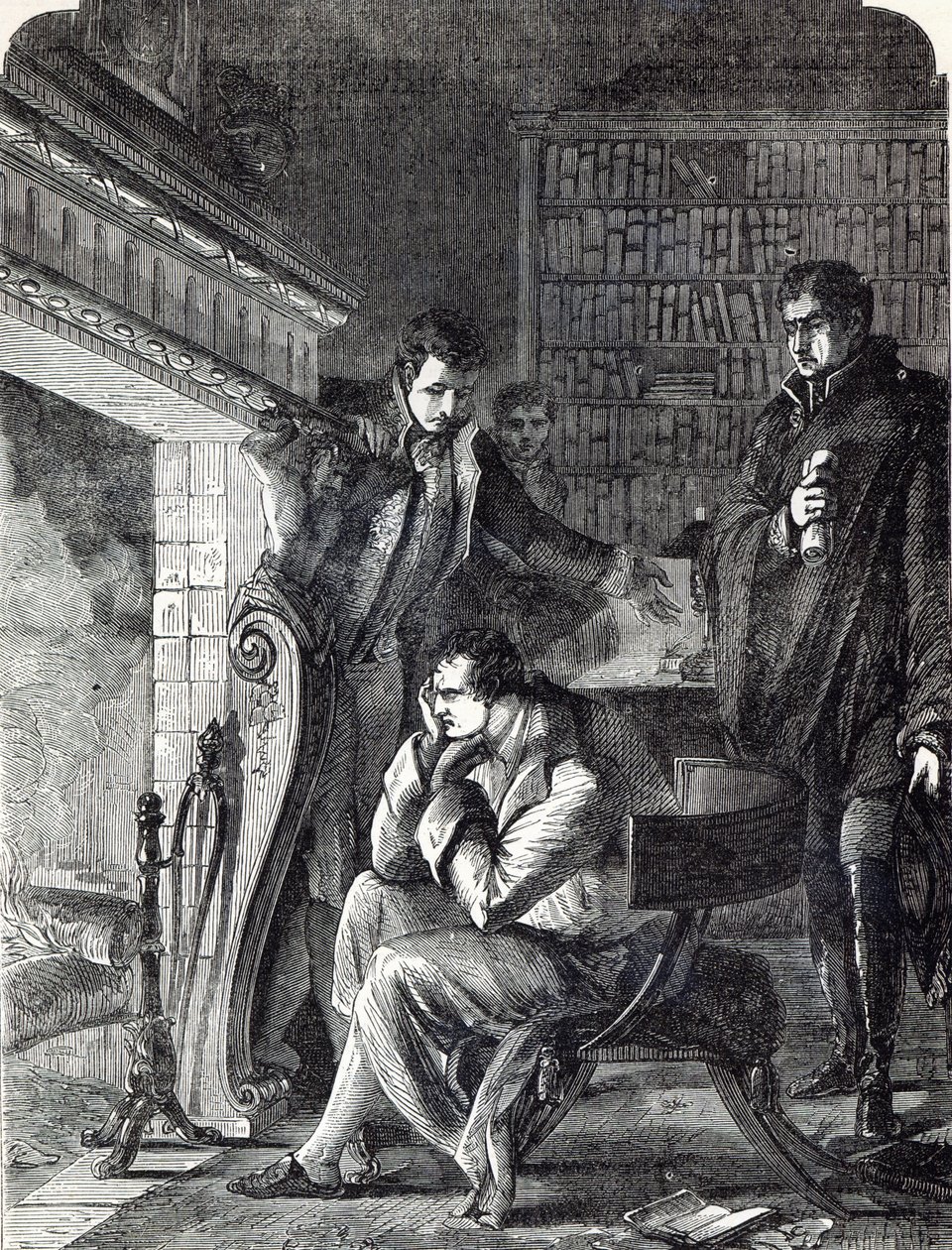 Napoleon peinzend bij het vuur de nacht voor zijn abdicatie en vertrek uit Fontainebleau op 20 april 1814 door English School