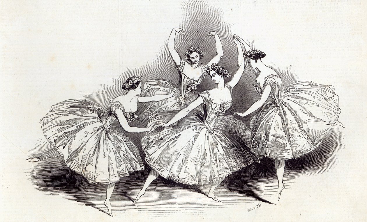 Nieuwe Pas de Quatre, door Mdlles. Taglioni, C. Grisi, L. Grahn, en Cerito, in het theater van Hare Majesteit, uit The Illustrated London News, 19 juli 1845 door English School