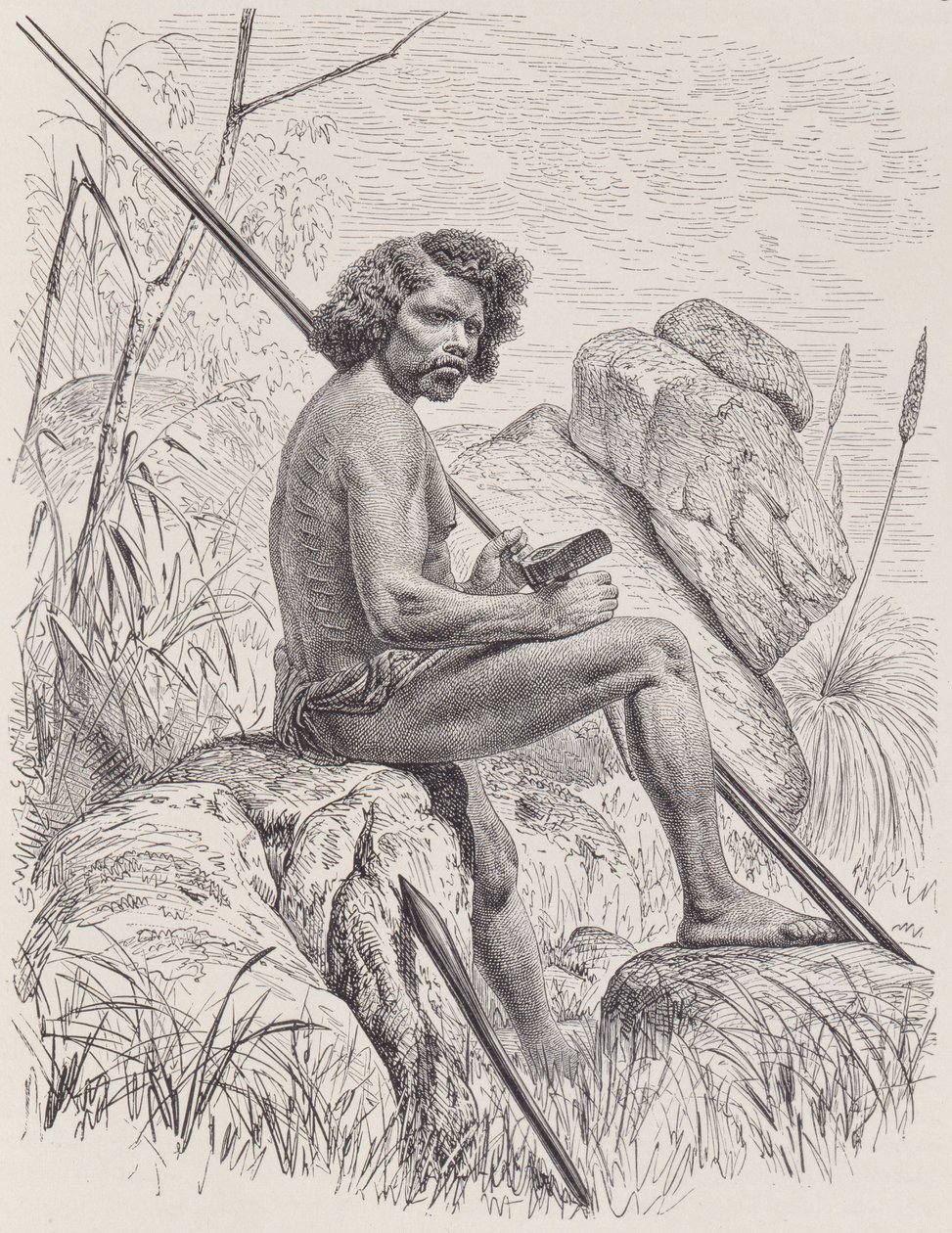 Noord-Australiër met Speren, Bijl en Knuppels, uit De Geschiedenis van de Mensheid, Deel 1, door Friedrich Ratzel door English School