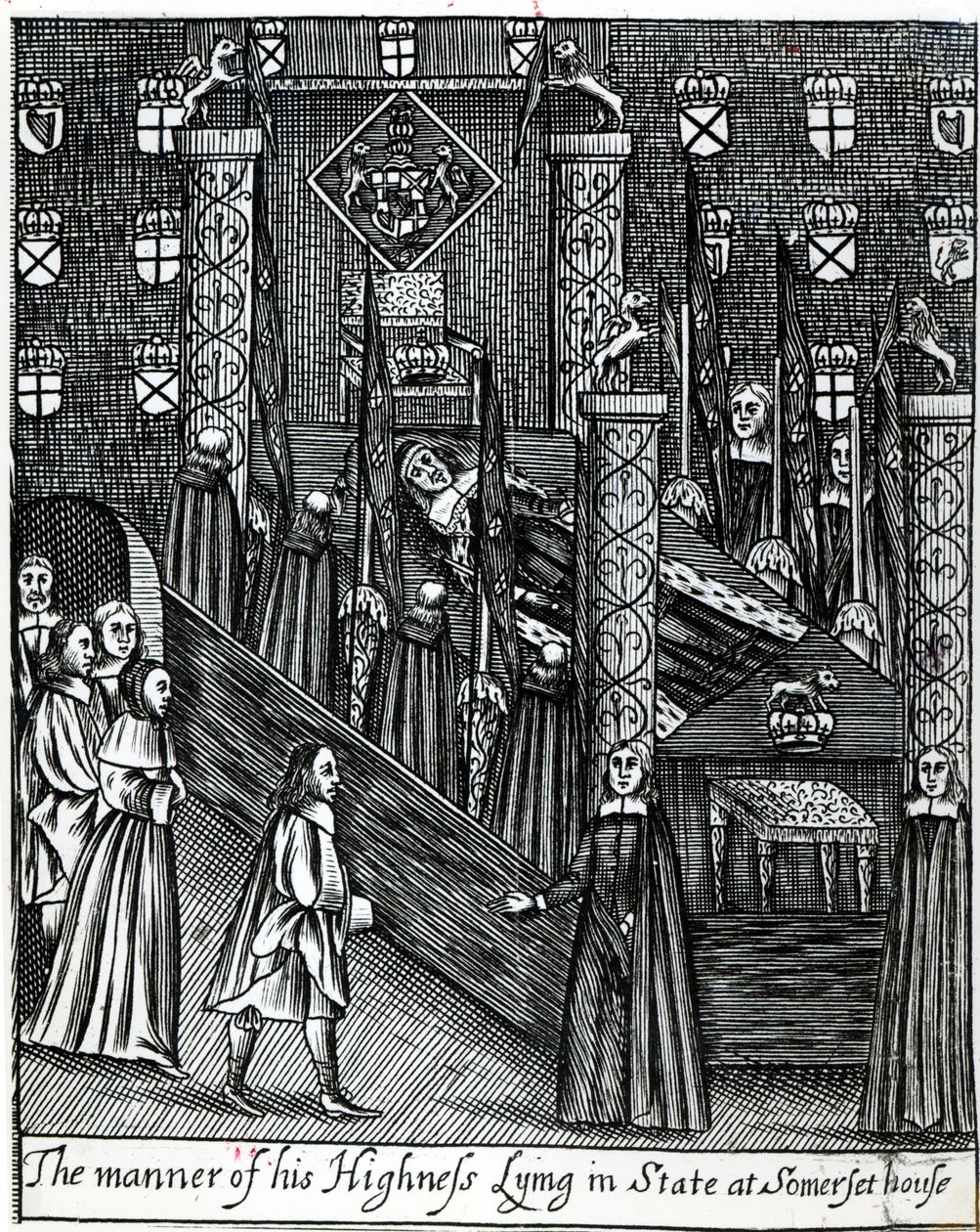 Oliver Cromwell (1599-1658) Ligt in Staat, c.1658 door English School