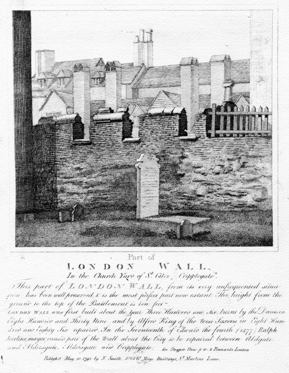 Deel van de Londense muur, in de kerk van St. Giles, Cripplegate, gepubliceerd 1792 door English School