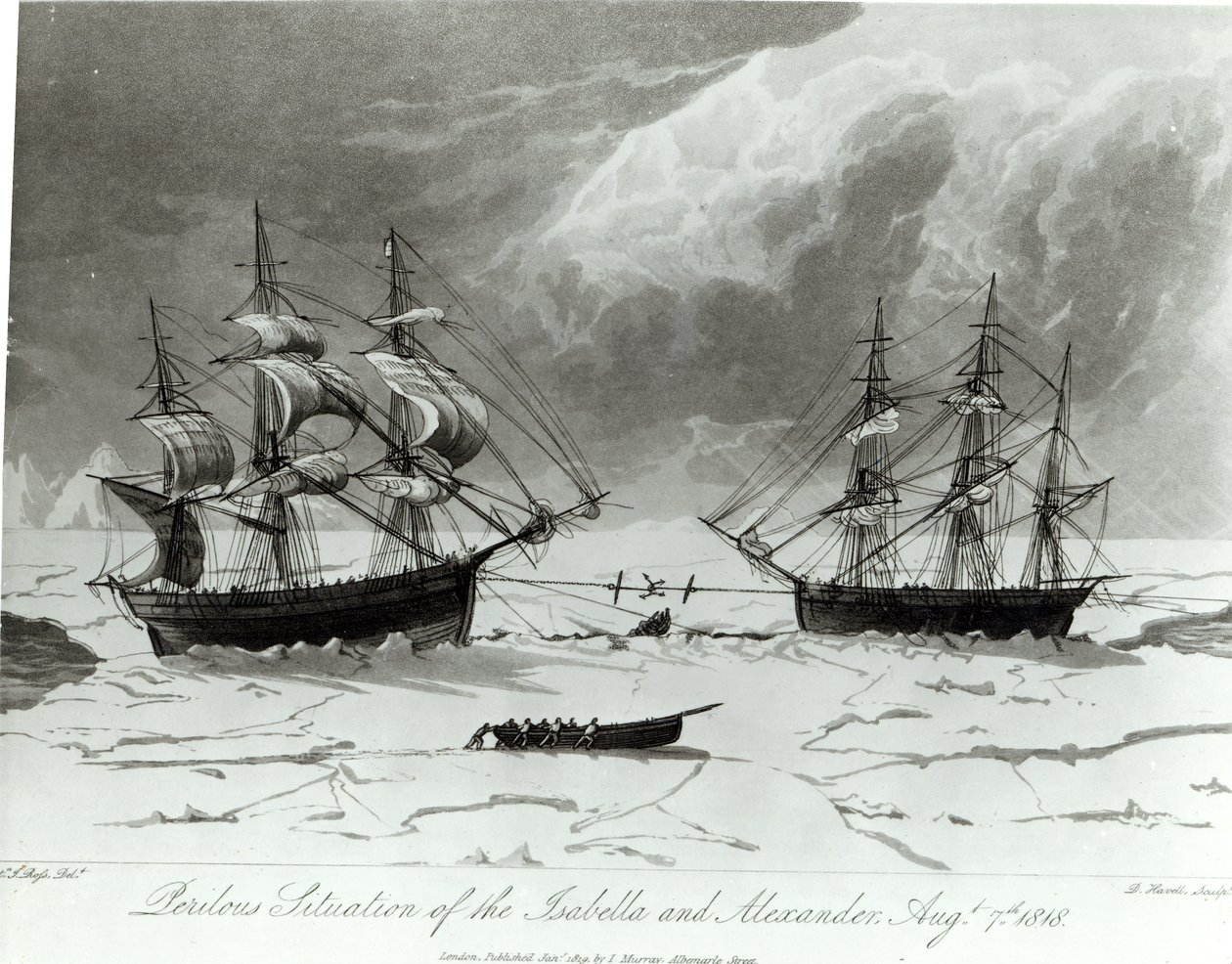 Gevaarlijke situatie van de Isabella en Alexander, 7 augustus 1819 door English School