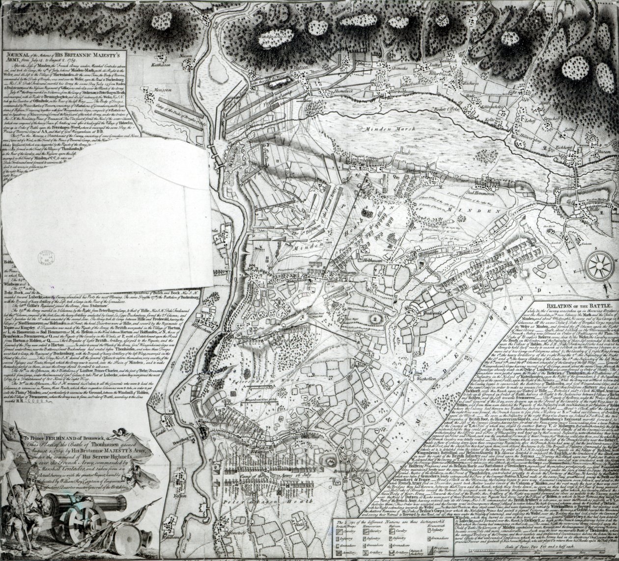 Plan van de Slag bij Minden, getekend door kapitein William Roy en gegraveerd door Thomas Major, 1760 door English School