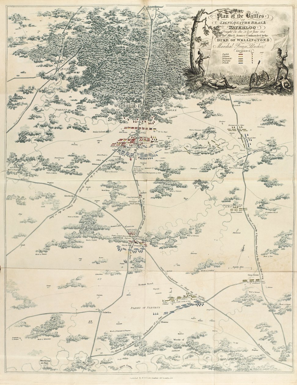 Plan van de Slagen bij Ligny, Quatre Bras & Waterloo gevochten op 16 en 18 juni 1815 door de Geallieerde legers onder bevel van de Hertog van Wellington en Maarschalk Prins Blücher, uit 