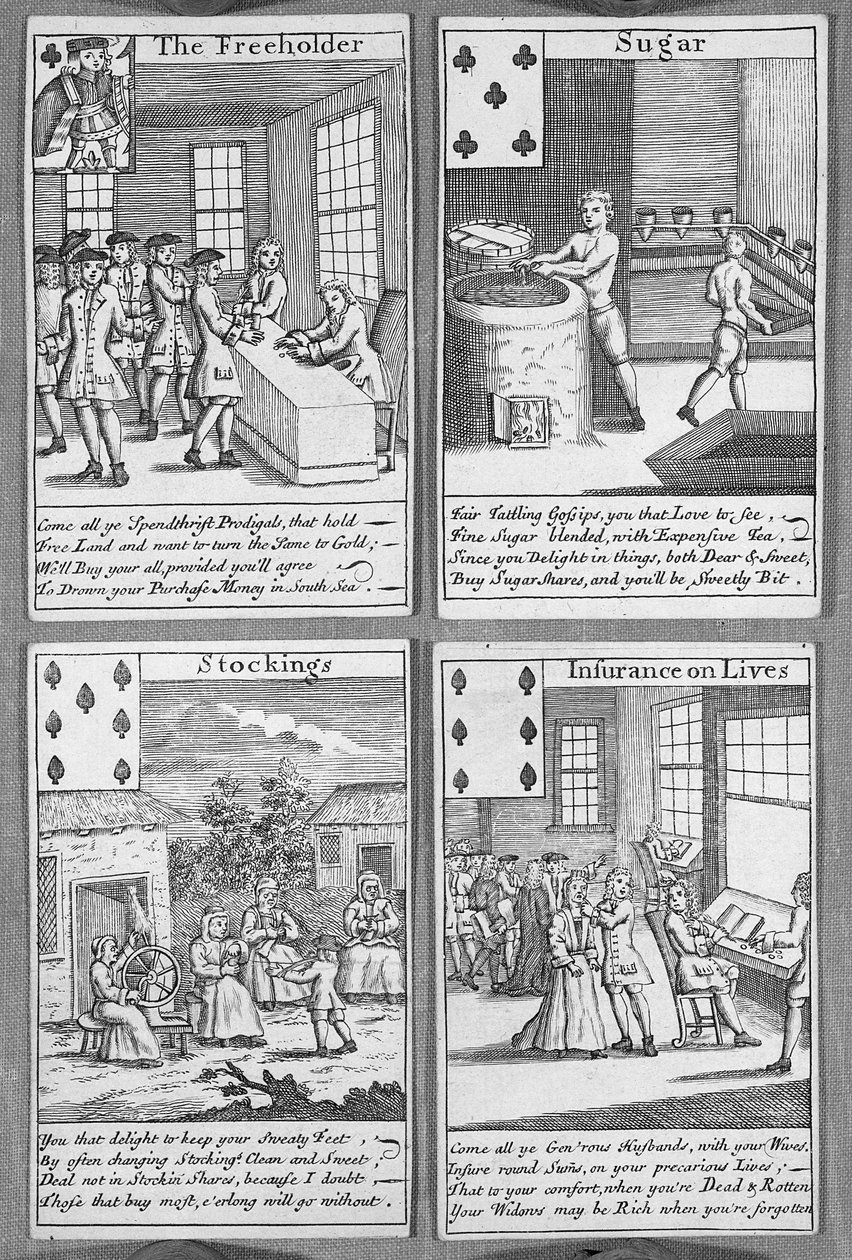 Speelkaarten die huidige commerciële ondernemingen tonen, c.1720 door English School