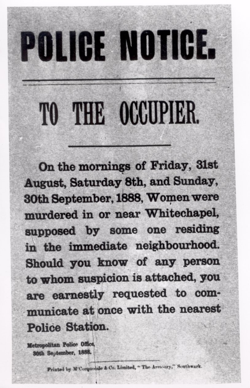 Politiebericht aan de Bewoner Betreffende Moorden in Whitechapel, 30 september 1888 door English School