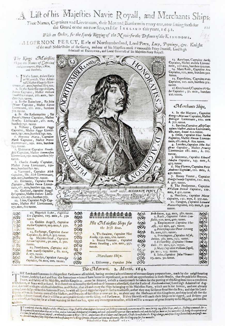 Portret van Algernon Percy, tiende Graaf van Northumberland (1602-68) vergezeld van een lijst van de Koninklijke Marine van Zijne Majesteit, 1642 door English School