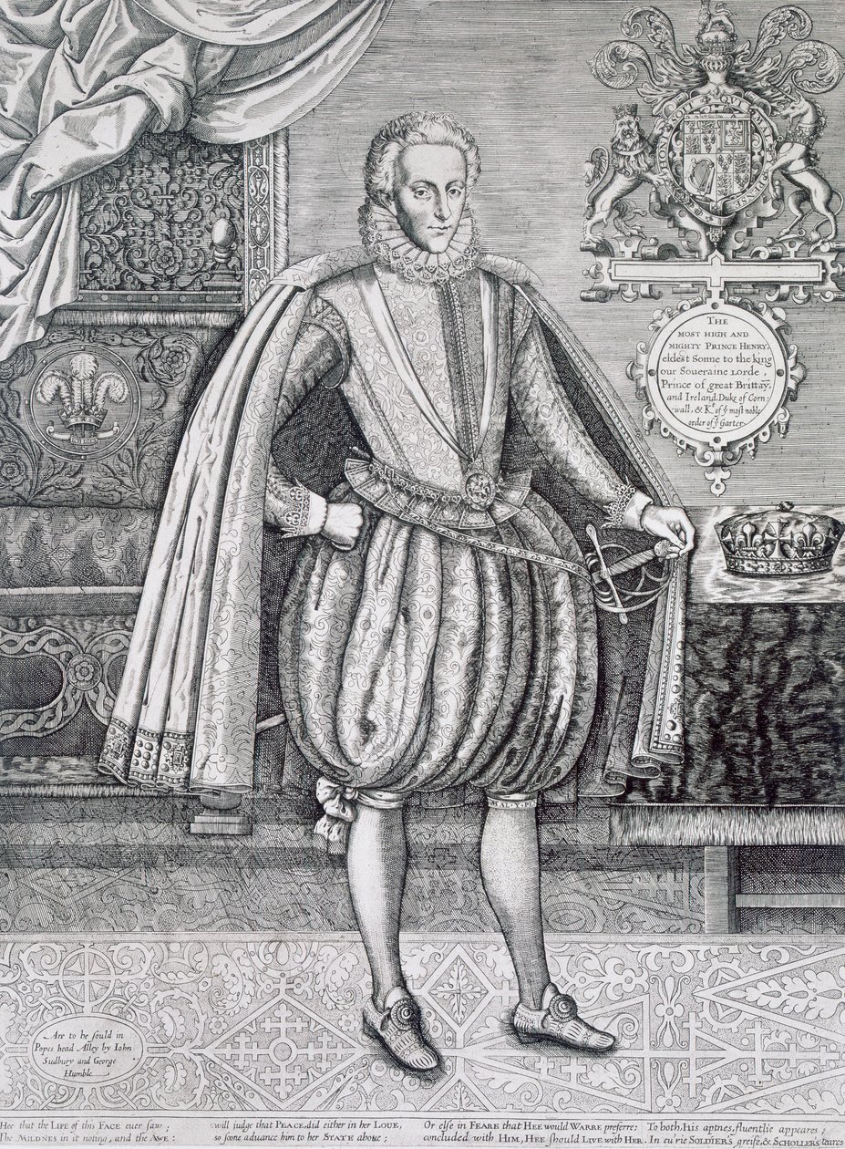 Portret van Henry, Prins van Wales (1594-1612) uit het Boek der Koningen, gegraveerd door Renold Elstrack (1571-ca.1630) 1612 door English School