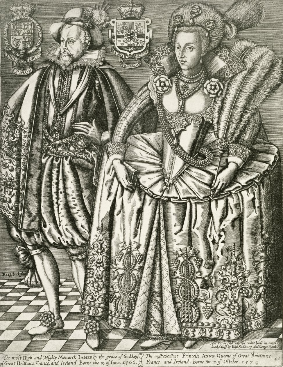 Portret van James I (1566-1625) en Anne van Denemarken (1574-1619) titelpagina uit het Boek der Koningen, gegraveerd door Renold Elstrack (1571-ca.1630) 1618 door English School