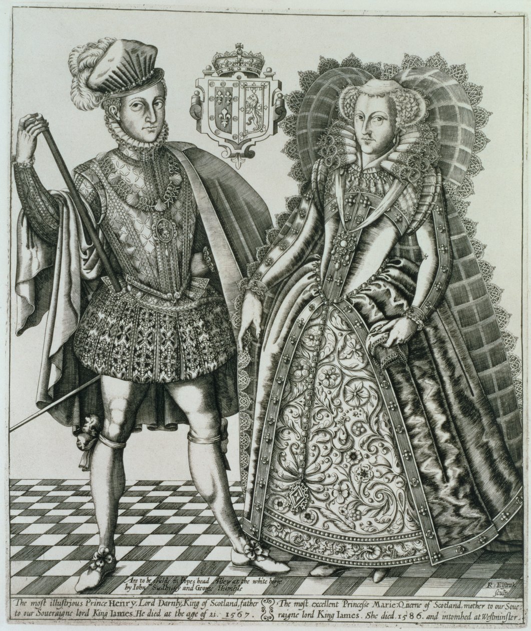 Portret van Mary, Queen of Scots (1542-87) en Henry Stewart, Lord Darnley (1545-67) uit het Boek der Koningen, gegraveerd door Renold Elstrack (1571-ca.1630) 1618 door English School
