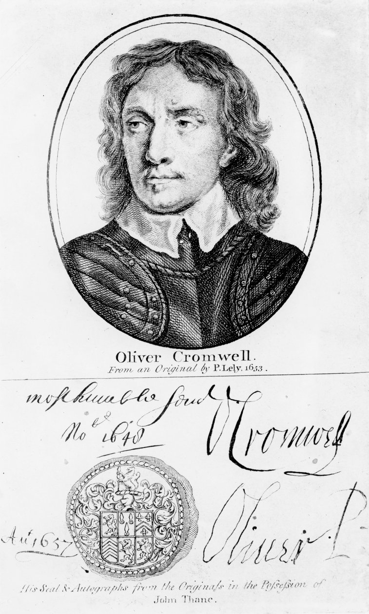 Portret van Oliver Cromwell (1599-1658) naar een origineel door Peter Lely uit 1653, en zijn zegel en handtekeningen door English School