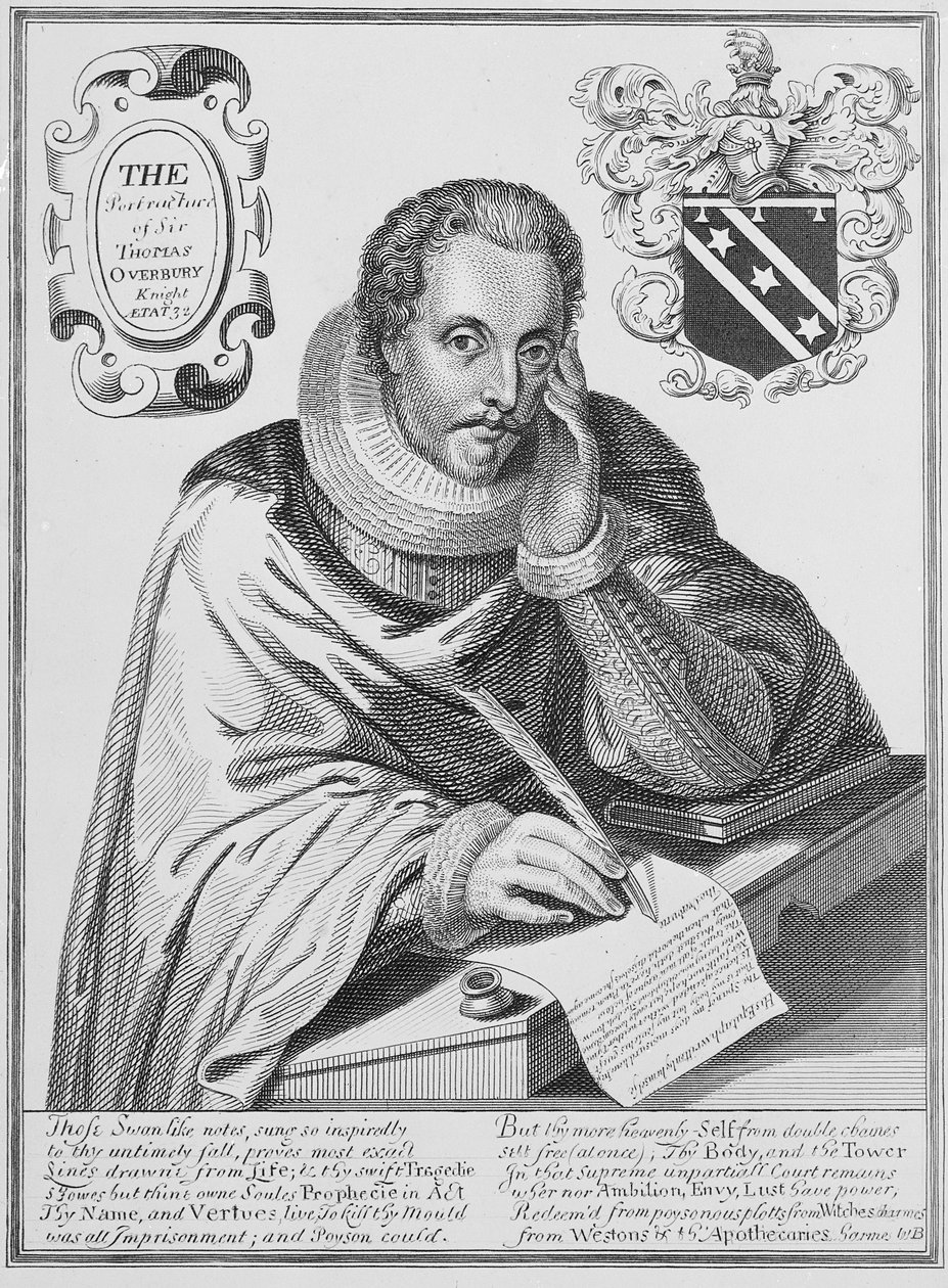 Portret van Sir Thomas Overbury (1581-1613) die zijn grafschrift uitschrijft, gegraveerd door Renold Elstrack (1571-ca.1630) 1613 door English School