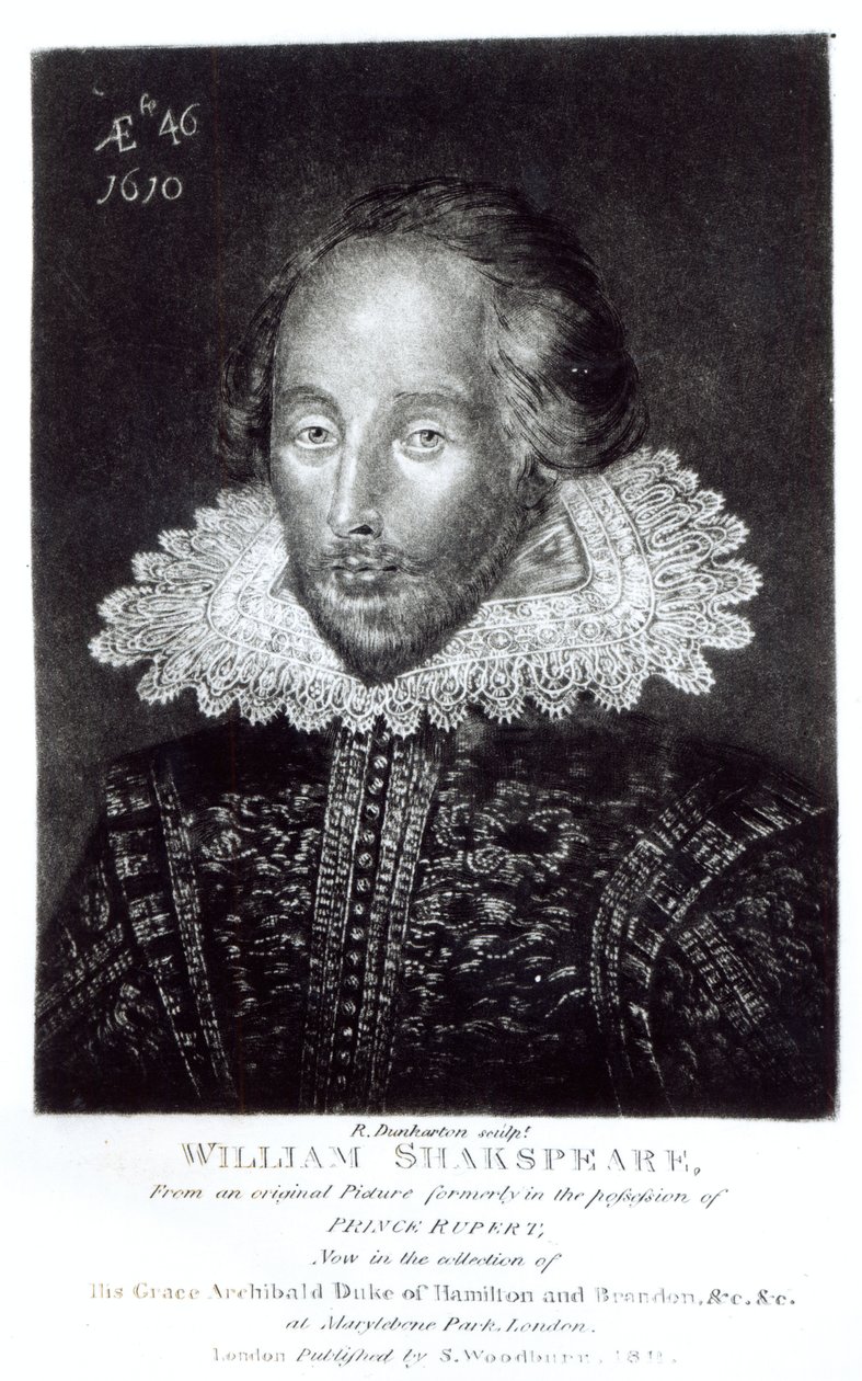 Portret van William Shakespeare (1564-1616), gegraveerd door Robert Dunkarton (1744-1817), gepubliceerd door S.Woodburn, 1811 door English School