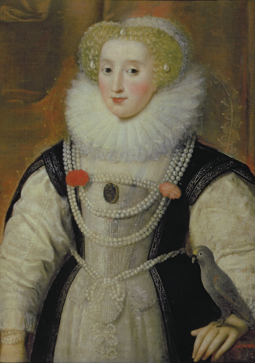 Portret van een Elizabethaanse Dame met een Papegaai door English School