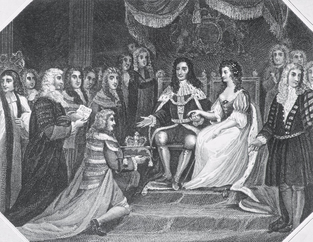 Presentatie van de Bill of Rights aan Willem III (1650-1702) van Oranje en Maria II (1662-94) door English School