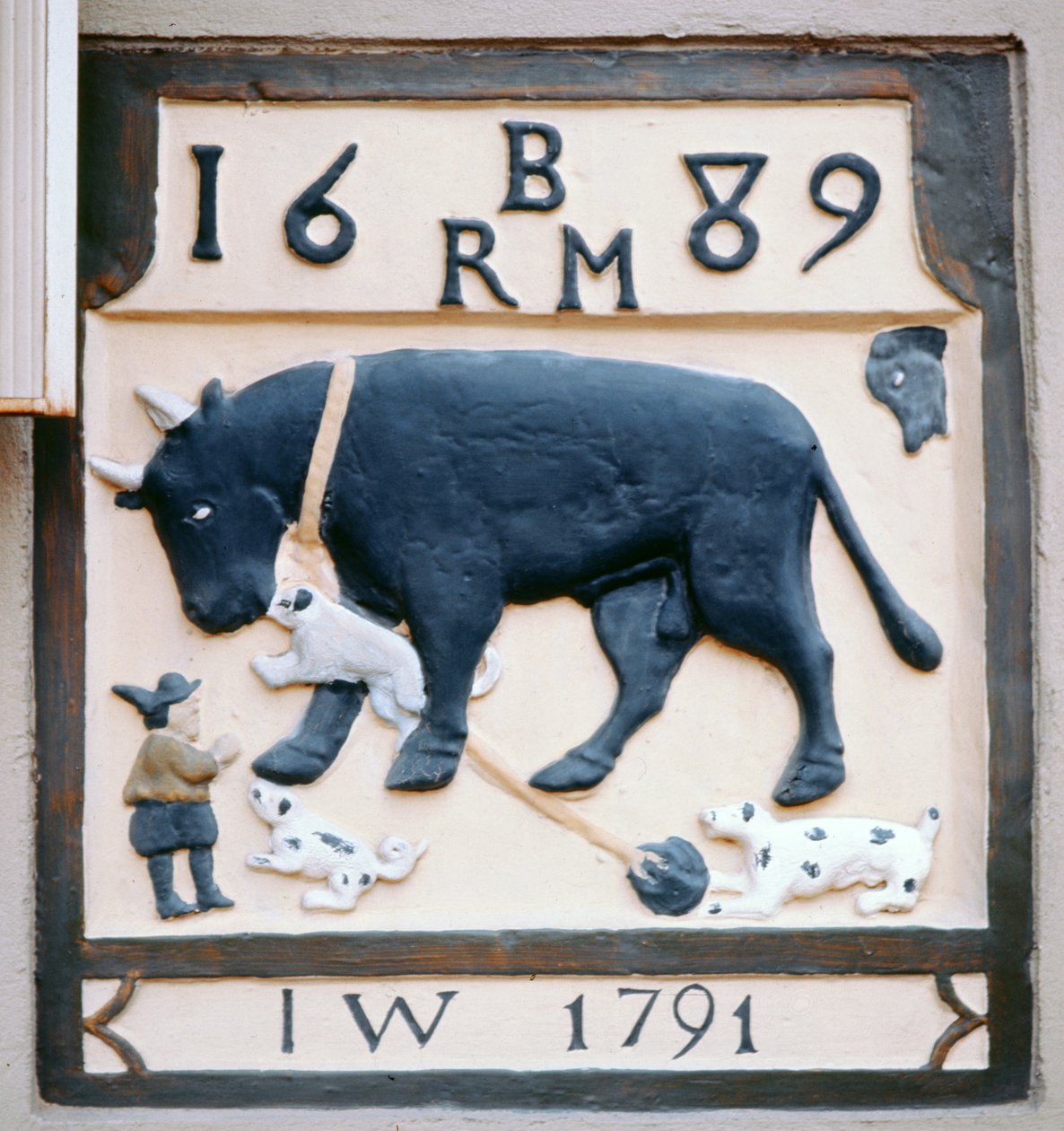 Uithangbord van de Bull and Dog (voorheen de Black Bull) 1689 door English School