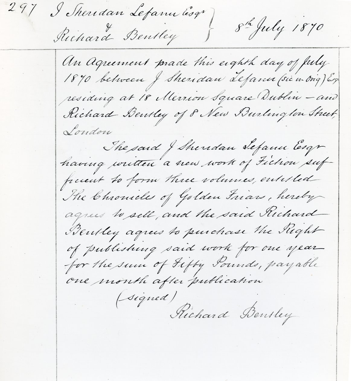 Uitgavecontract tussen Joseph Sheridan Le Fanu en Richard Bentley voor 