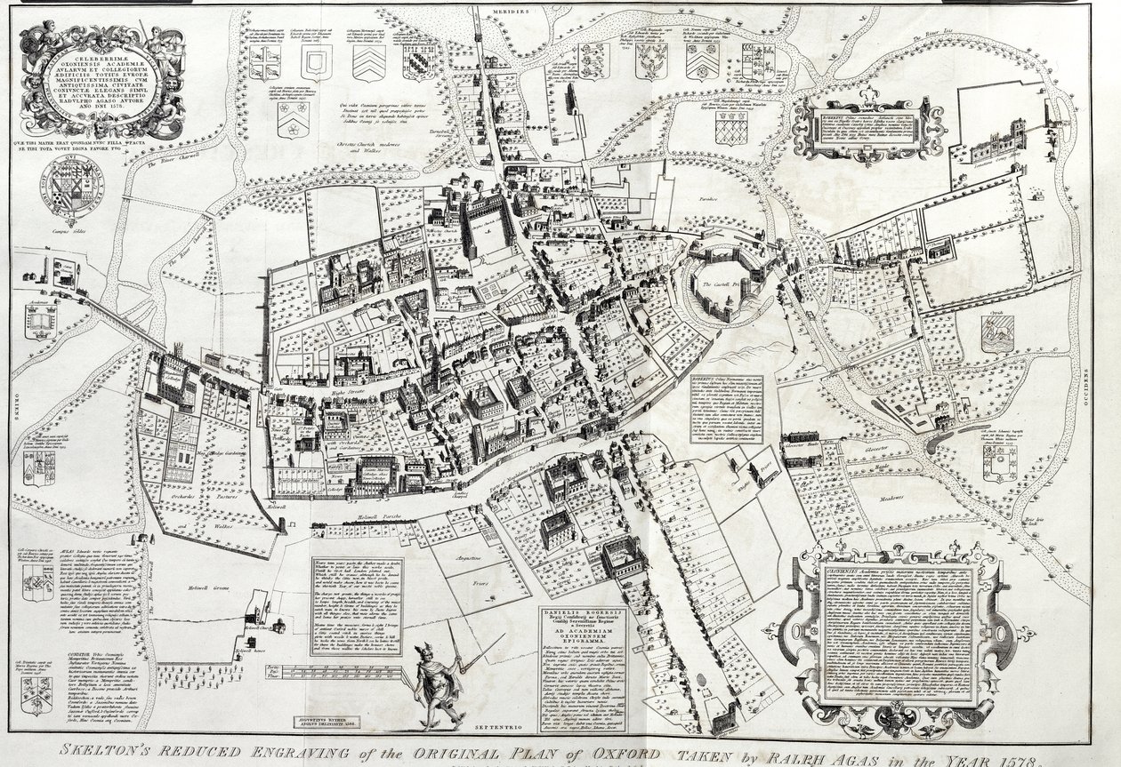 Frontispice van Oxonia antiqua restaurata, vogelvlucht van Oxford, verkleinde versie van het origineel door Ralph of Radulph Agas (c.1540-1621) van 1578, door Joseph Skelton, Oxford, gegraveerd door W door English School