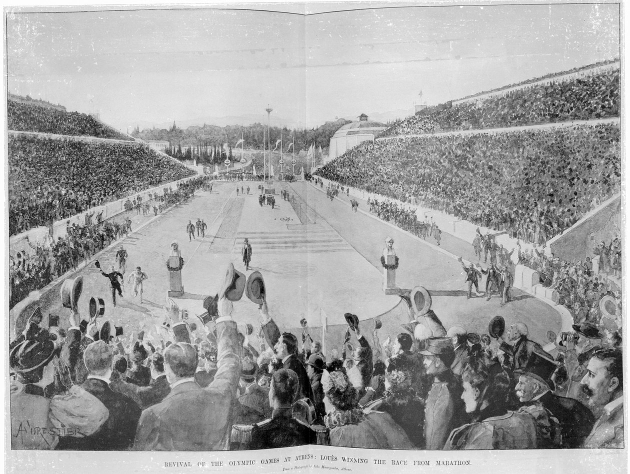 Heropleving van de Olympische Spelen in Athene: Loues wint de race van Marathon, 10 april 1896 door English School