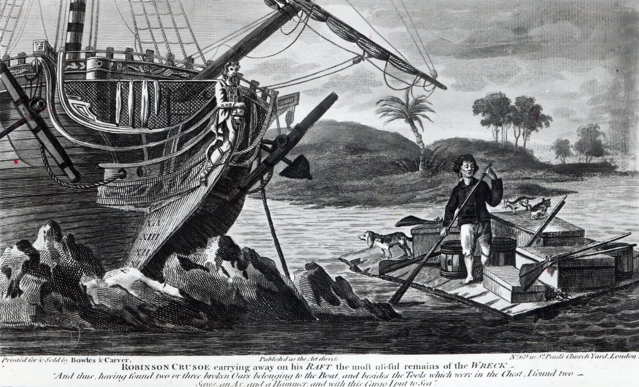 Robinson Crusoe die op zijn vlot de meest bruikbare resten van het wrak meeneemt door English School