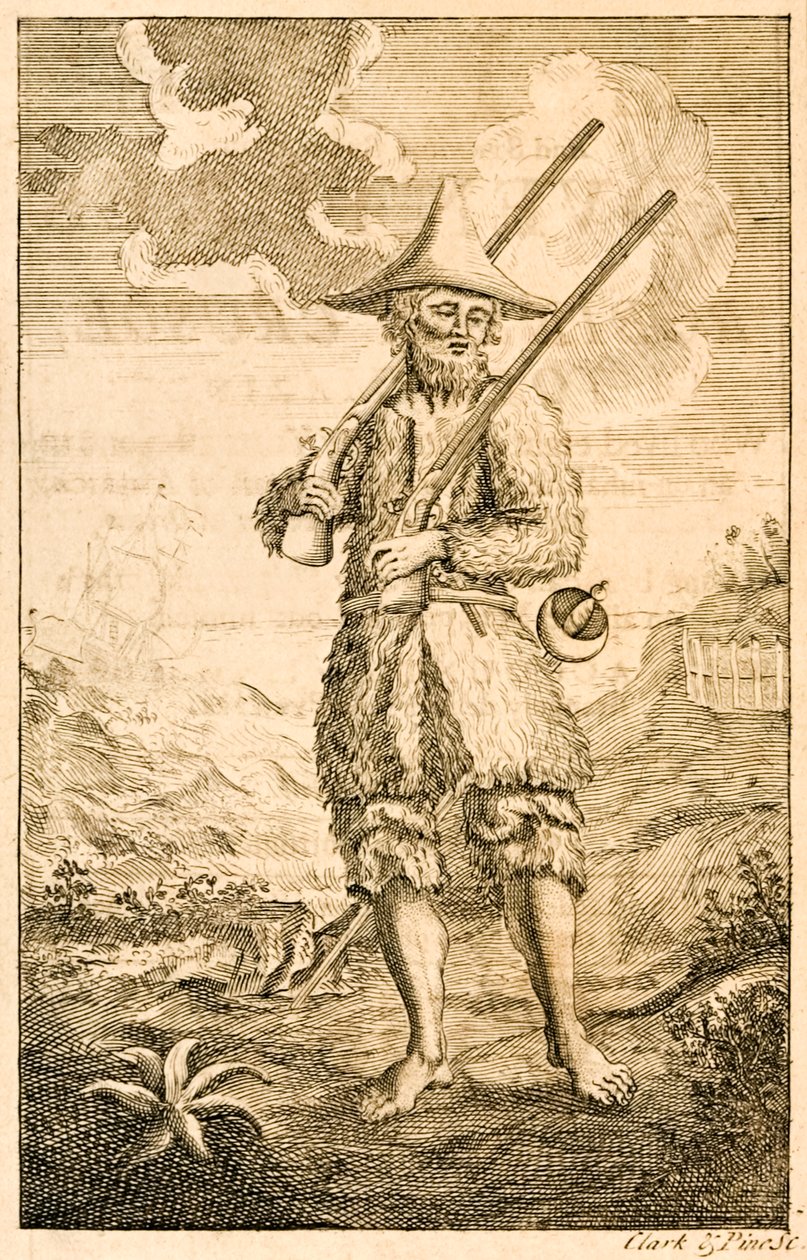 Robinson Crusoe frontispice illustratie die de vermeende auteur Crusoe aan de kust toont met musketten en zwaard, uit Het leven en de vreemde verrassende avonturen van Robinson Crusoe, of York, Marine door English School