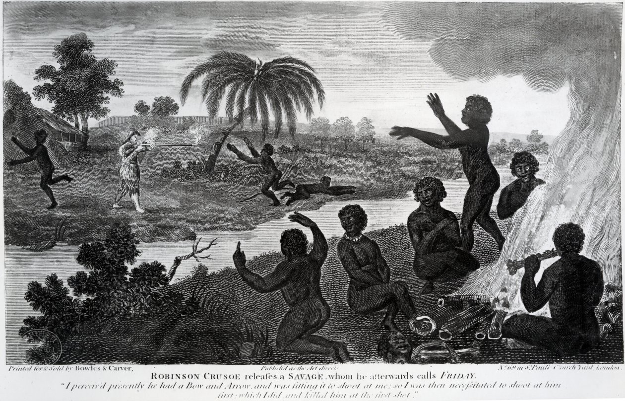 Robinson Crusoe bevrijdt een Wilde, die hij daarna Vrijdag noemt, illustratie uit 
