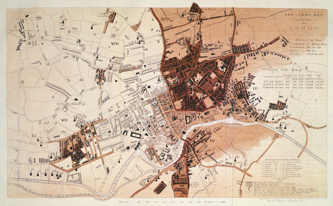 Sanitaire kaart van de stad Leeds, door Stephen Sly voor het Stationery Office van Hare Majesteit, 1842 door English School