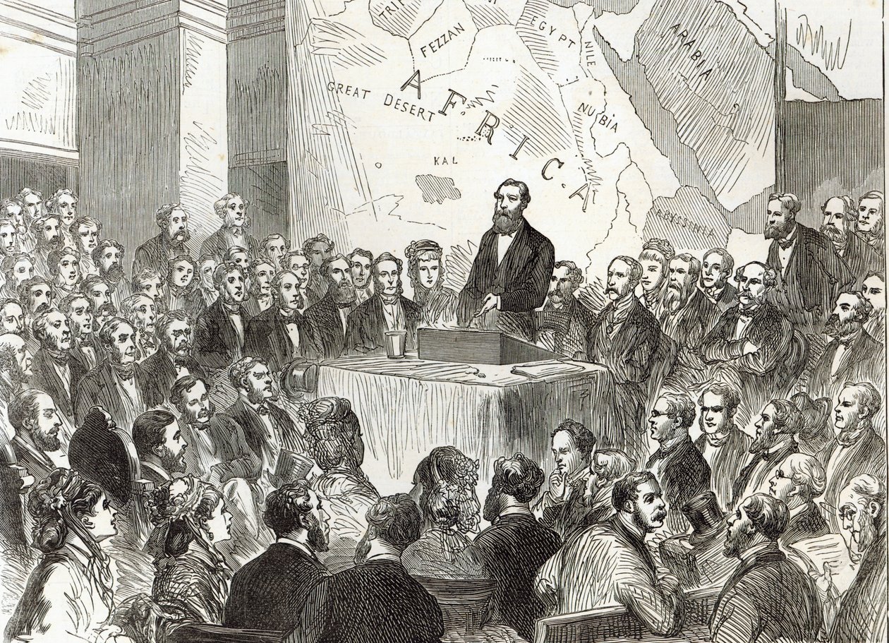 Sir Samuel Baker bij de bijeenkomst van de Royal Geographical Society, uit 