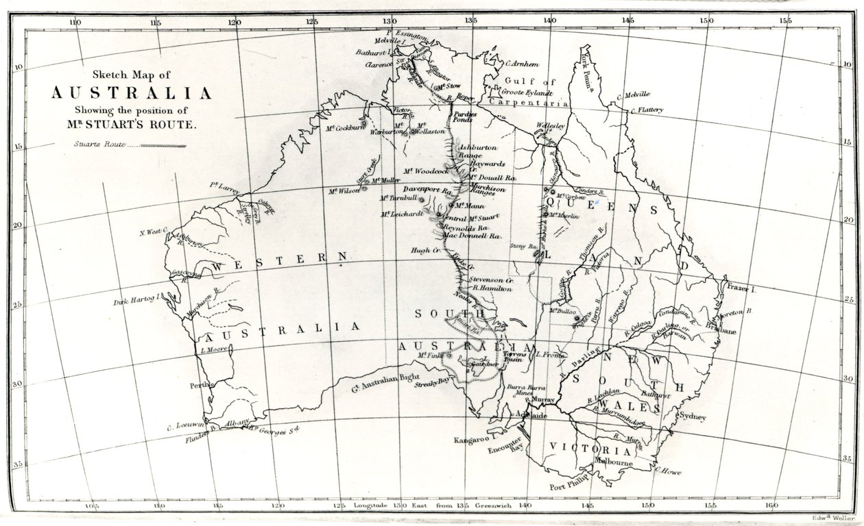 Schetskaart van Australië met de route van Mr. Stuart, 1864 door English School