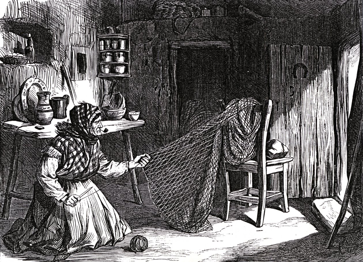 Schetsen uit Ierland: Vrouw die netten maakt in de Claddagh, Galway, illustratie uit 