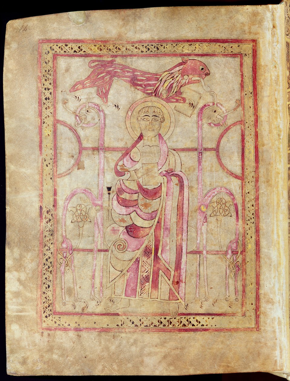 St. Marcus op zijn troon met zijn leeuw, titelpagina van het Evangelie van St. Marcus, uit de Lichfield-evangeliën, c.720 door English School