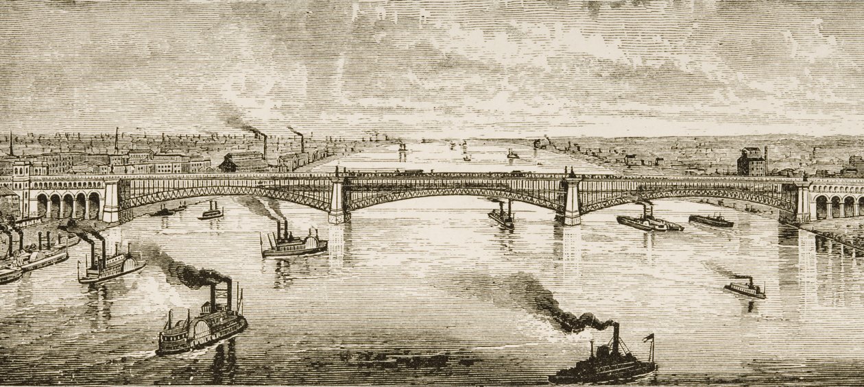 Stalen brug over de Mississippi-rivier bij St. Louis, ca. 1874, uit 