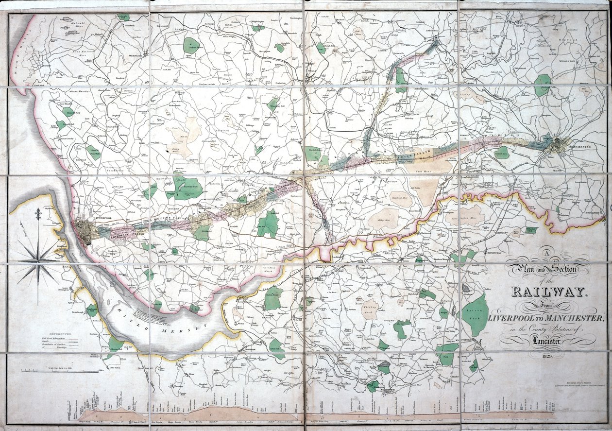 Stephensons kaart van de Liverpool & Manchester Railway, c.1824-1830 door English School