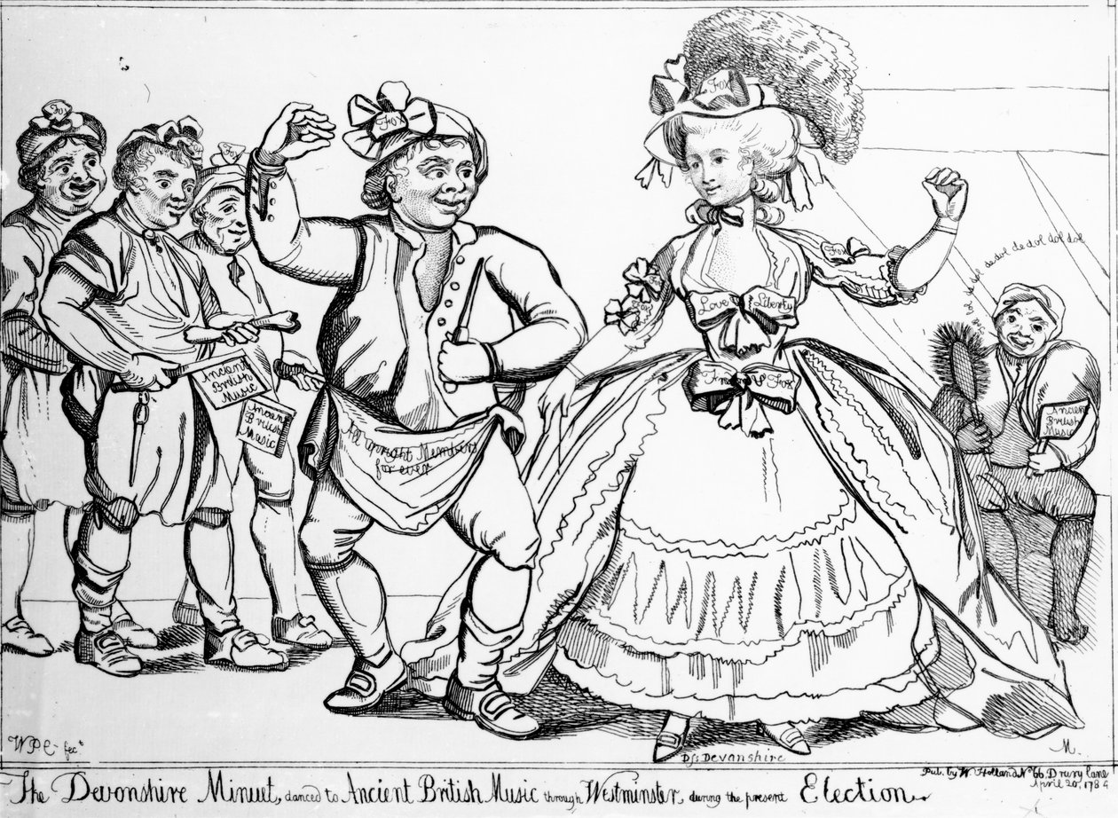 De Devonshire Menuet, gedanst op Oude Britse Muziek door Westminster tijdens de Verkiezing, prent gemaakt door William Paulet Carey, 1784 door English School