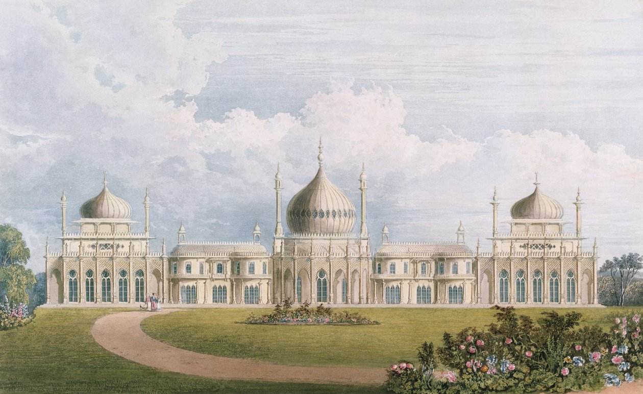 De Oostelijke Voorzijde, uit Zichten van het Koninklijk Paviljoen, Brighton door John Nash (1752-1835) 1826 door English School