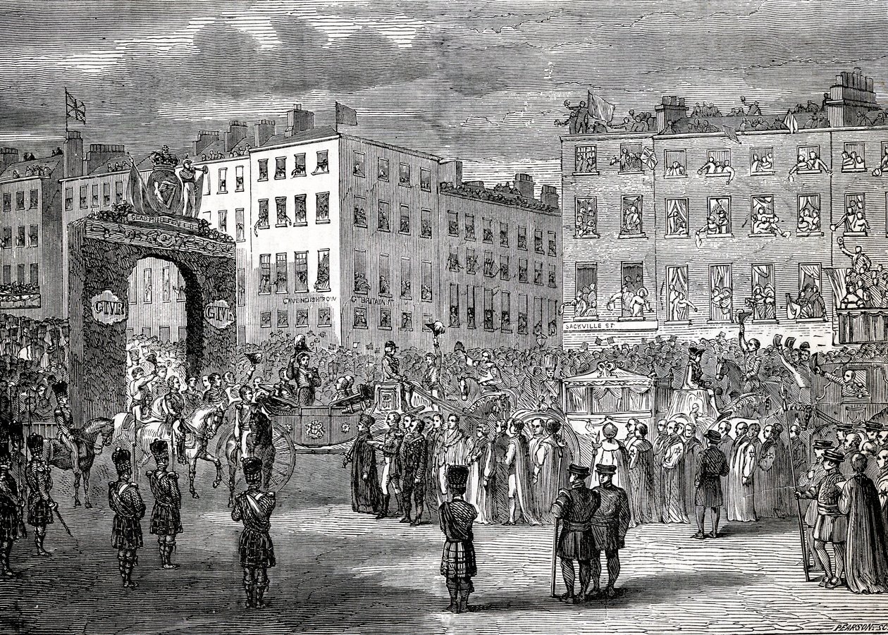 De intocht van George IV (1762-1830) in Dublin, 3 september 1821, gegraveerd door Pearson door English School