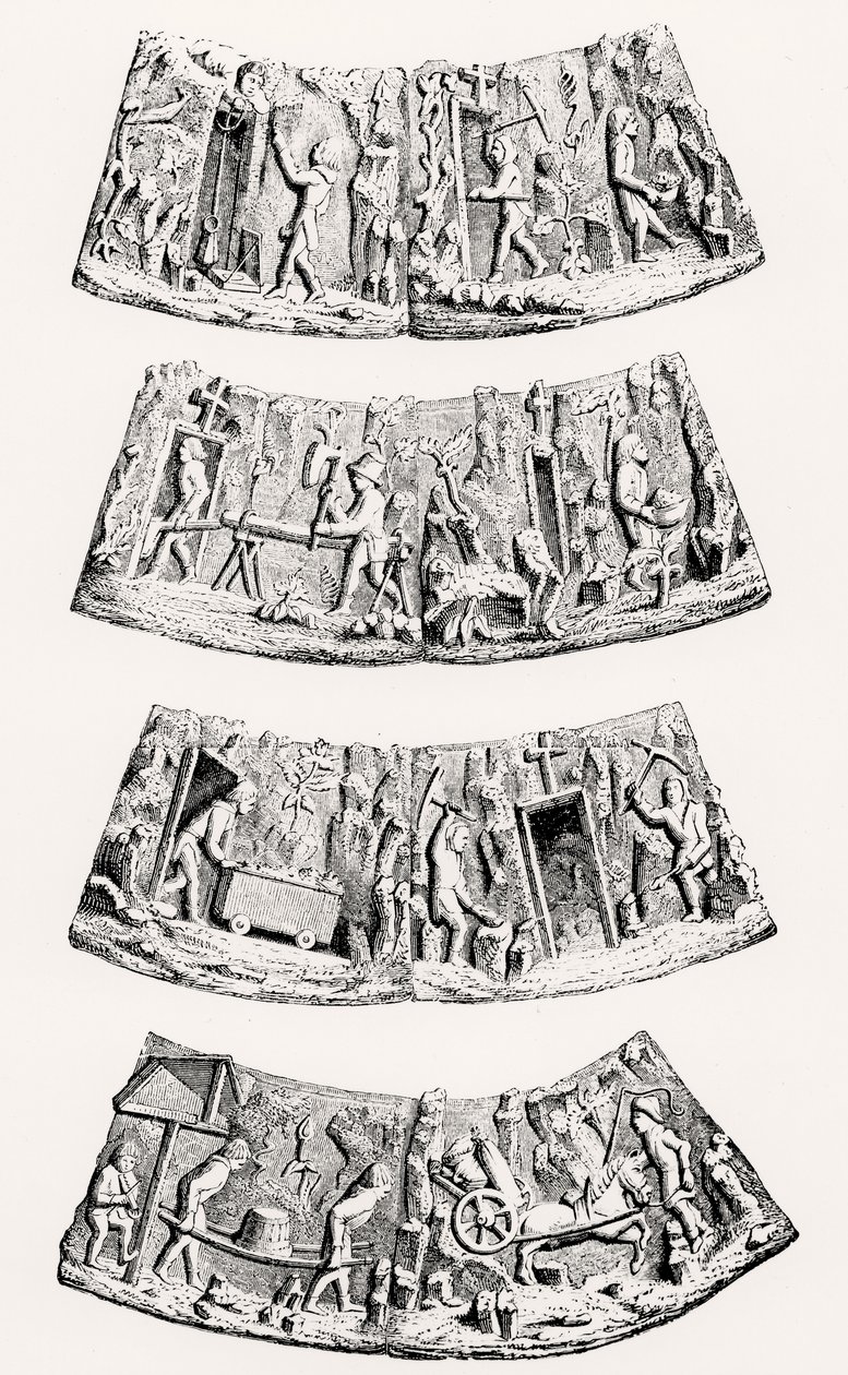 De Extractie van Edelmetalen, stukken in de ceremoniële kraag van het Senior Lid van de Goudsmeden in Gent, illustratie uit Wetenschap en Literatuur in de Middeleeuwen en de Renaissance, geschreven en gegraveerd door Paul Lacroix, 1878 door English School