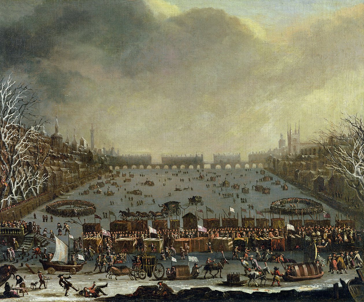 De IJsmarkt van de winter van 1683-4 op de Theems, met de Oude Londen Brug in de Verte. ca. 1685 door English School