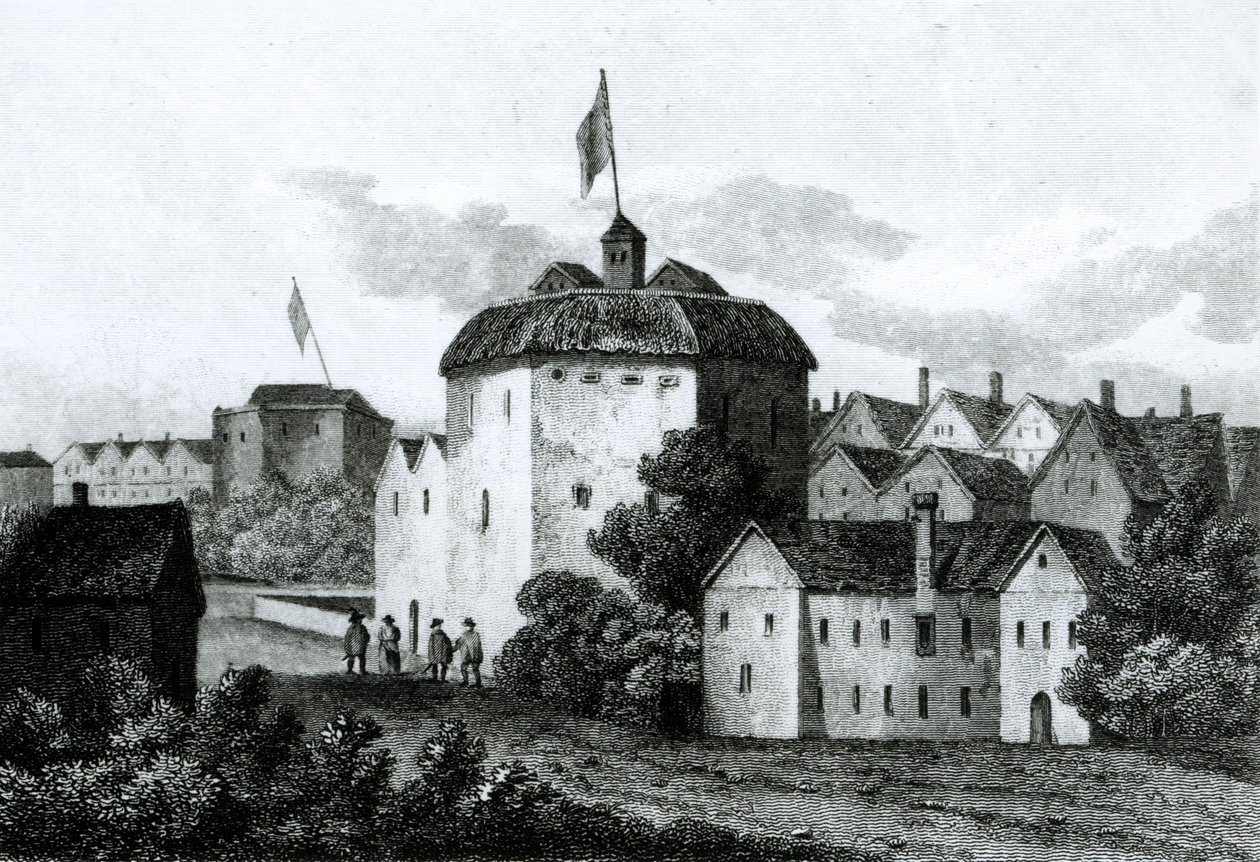Het Globe Theater aan de Bankside zoals het verscheen in het bewind van James I (1566-1625) 1672 door English School