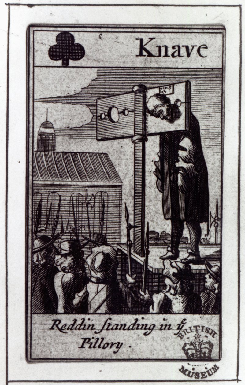 De boer van klaveren, uit een kaartspel met betrekking tot het Popish Plot van 1678 en de veroordeling van Nathaniel Reading, 1679 door English School