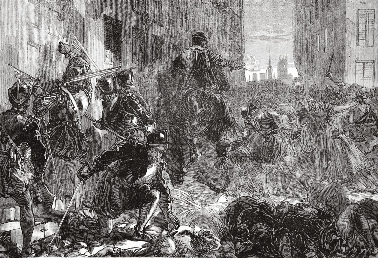 De nacht van de Bloedbruiloft, illustratie uit De Geschiedenis van het Protestantisme door James Aitken Wylie, gepubliceerd in 1878 door English School