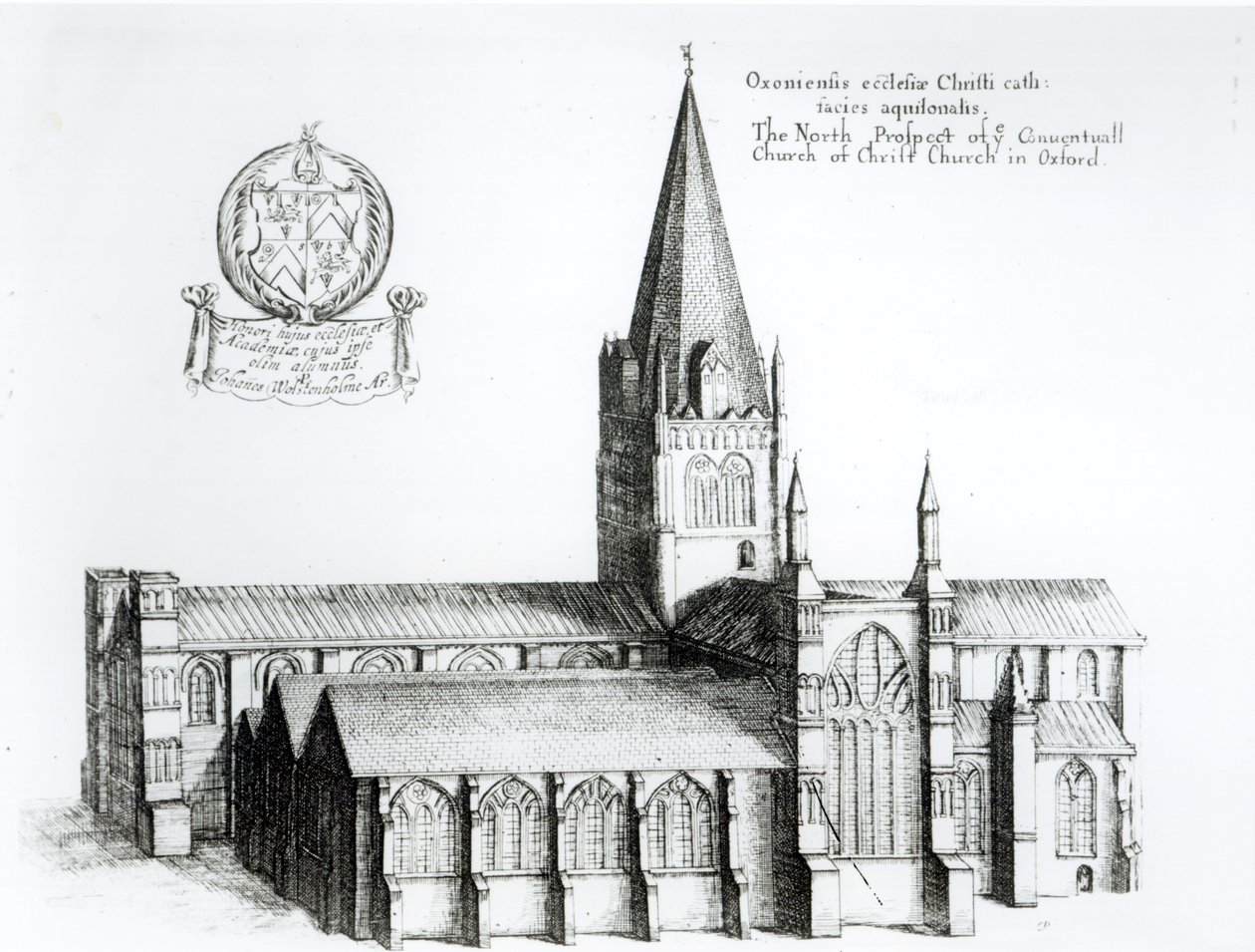 Het noordelijke uitzicht van de Conventuele Kerk van Christ Church in Oxford (gravure) (zw foto) door English School