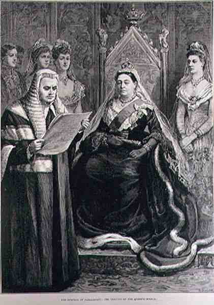 De Opening van het Parlement: Het Voorlezen van de Toespraak van de Koningin, gegraveerd door R. Taylor, uit The Illustrated London News, 30 januari 1886 door English School
