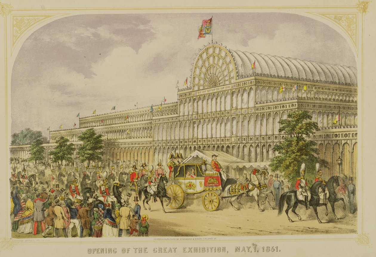 De Opening van de Grote Tentoonstelling, 1 mei 1851, door Augustus Butler, uitgegeven door Stannard en Dixon door English School