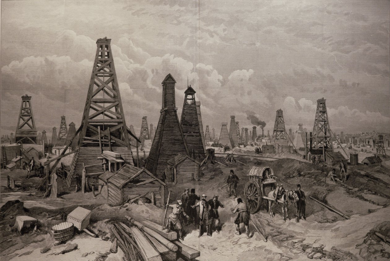 De oliebronnen van Baku aan de Kaspische Zee, uit 