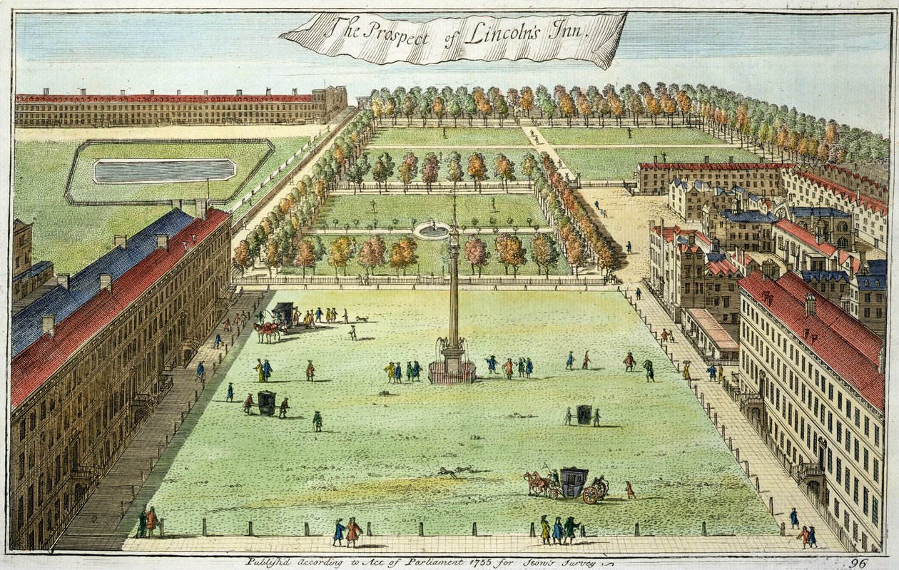 Het uitzicht op Lincolns Inn, voor Stows Survey of London, uitgegeven 1755 door English School
