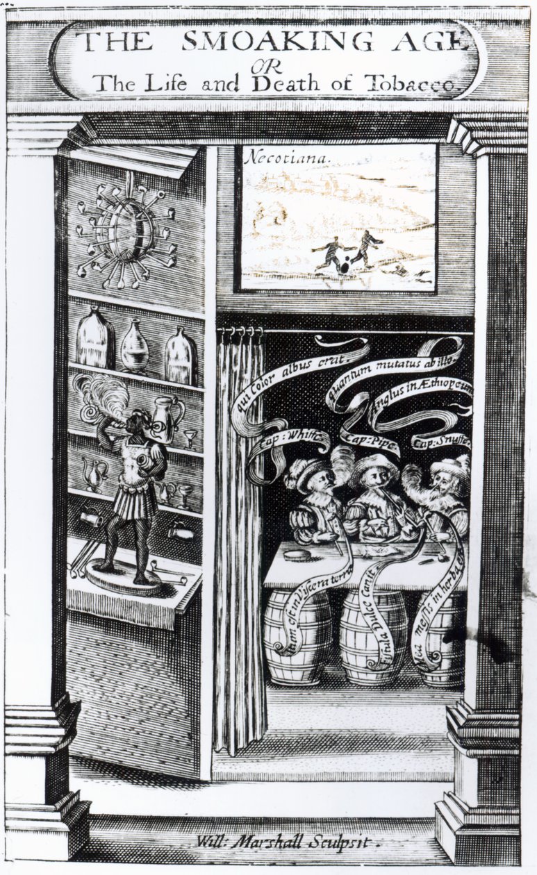 De Rookleeftijd of, Het Leven en de Dood van Tabak, gegraveerd door William Marshall, 1617 door English School